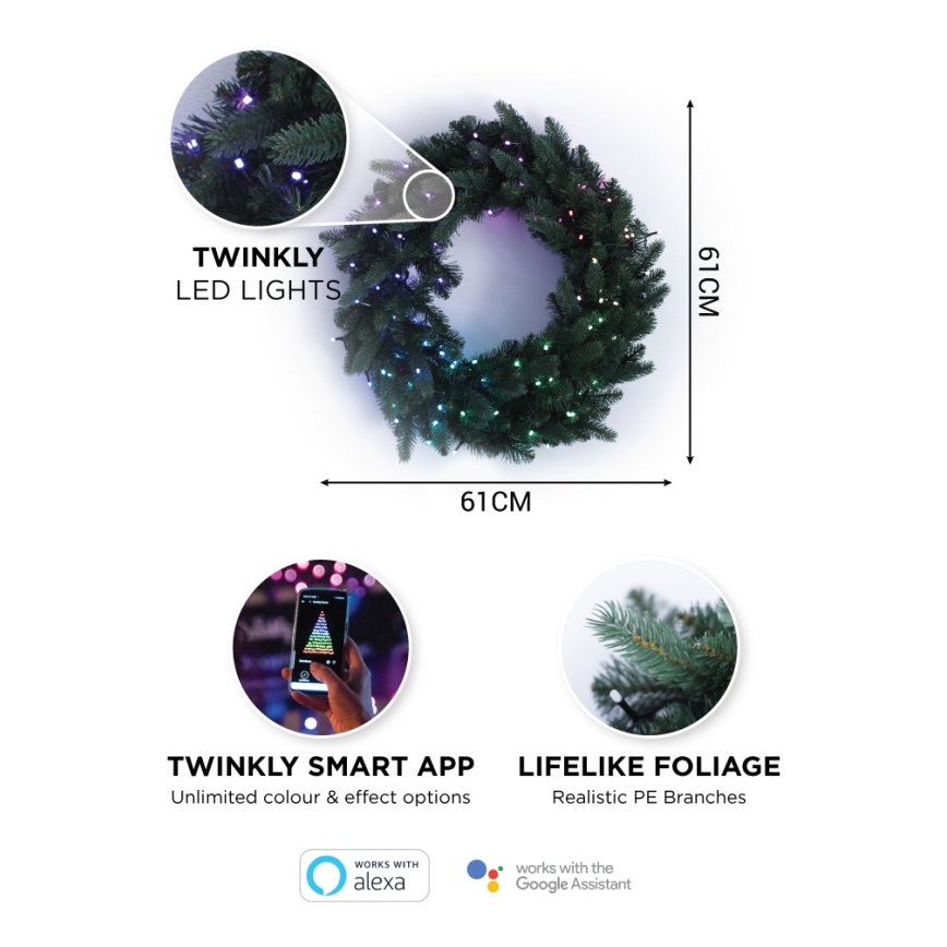 Twinkly - Dimmbarer LED-RGB-Weihnachtskranz PRE-LIT WREATH 50xLED d 61cm Wi-Fi