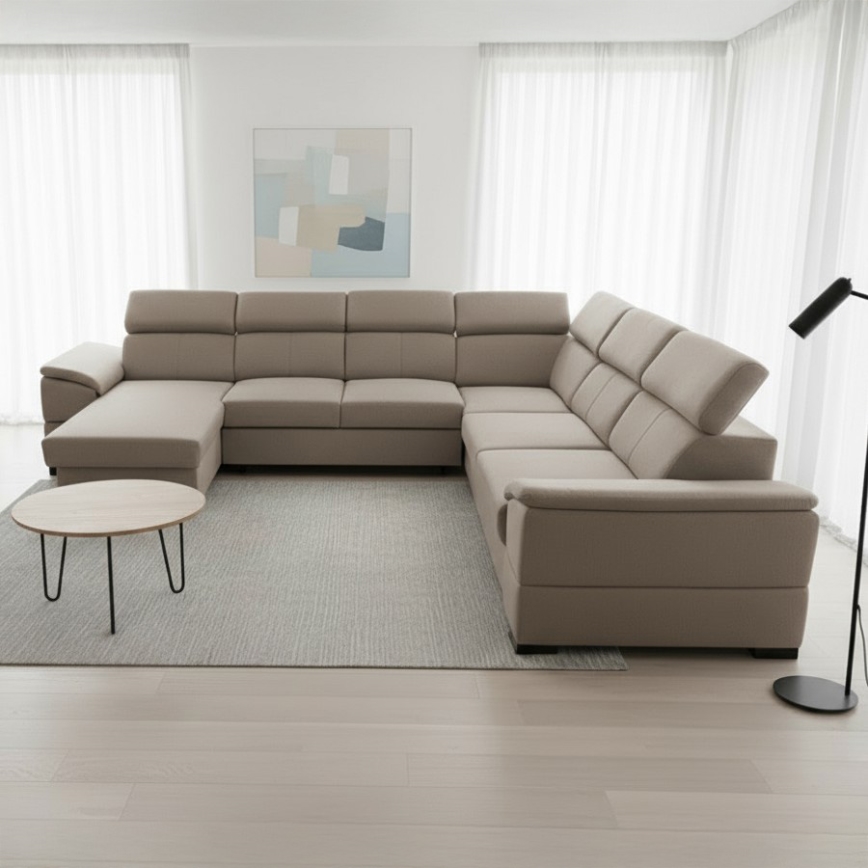 U-förmiges Ecksofa mit Schlaffunktion, universell montierbarer Ecke und Stauraum GRANADA Beige