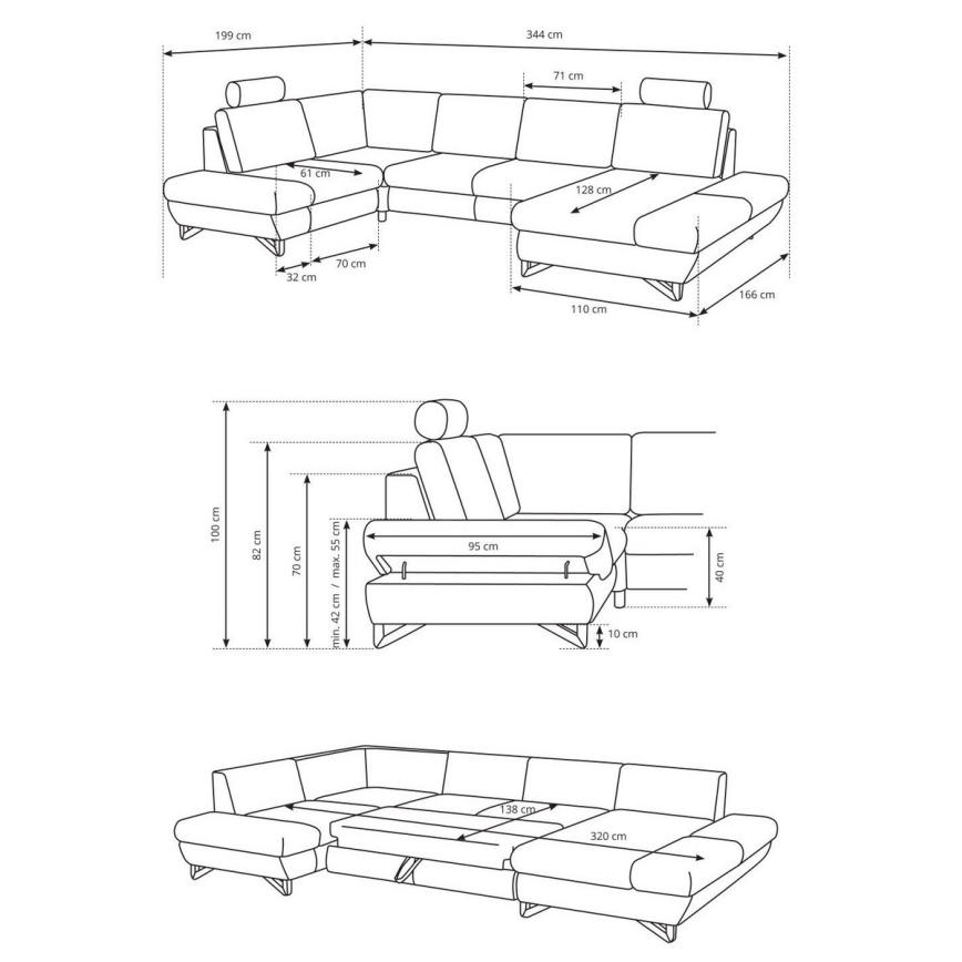 U-förmiges, klappbares Eck-Polstersofa mit Stauraum AVESTA links grau