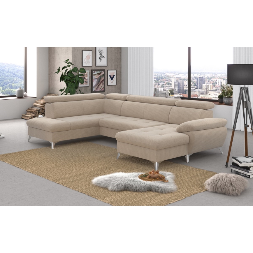 U-förmiges, klappbares Ecksofa mit Stauraum CATANIA links beige