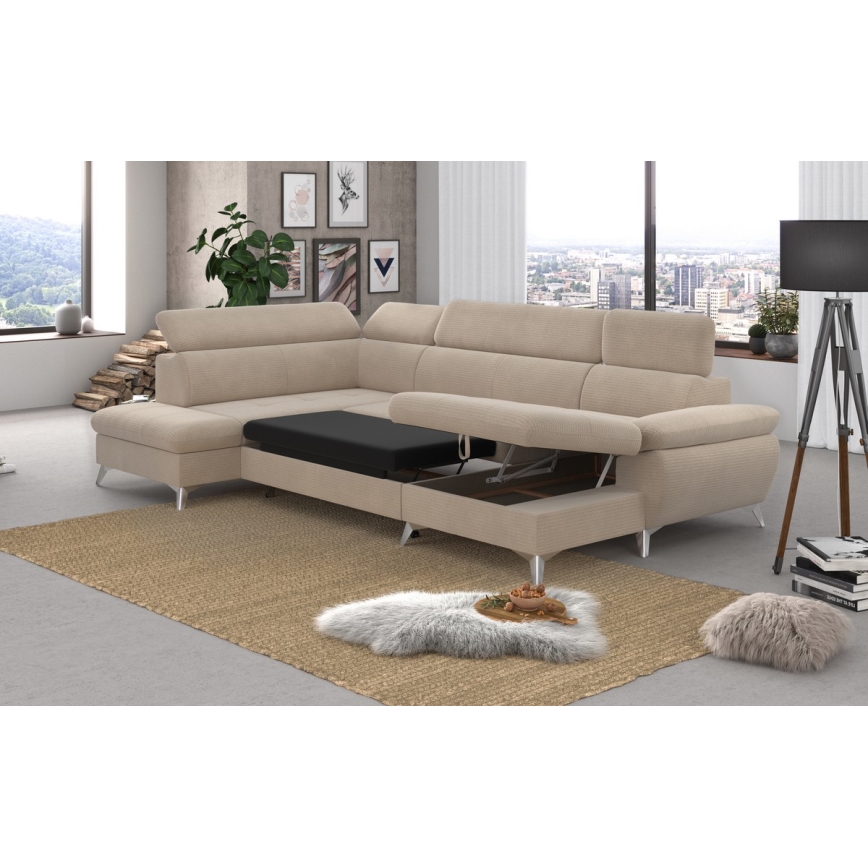 U-förmiges, klappbares Ecksofa mit Stauraum CATANIA links beige
