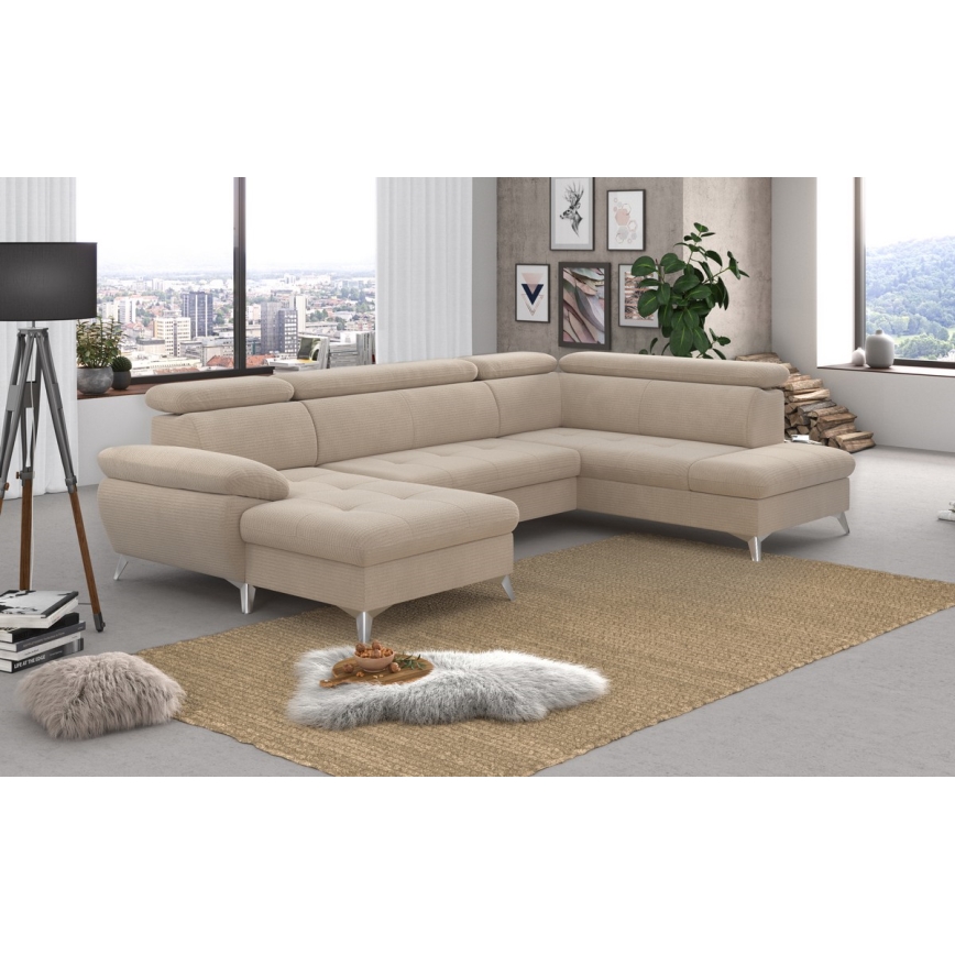U-förmiges, klappbares Ecksofa mit Stauraum CATANIA rechts beige