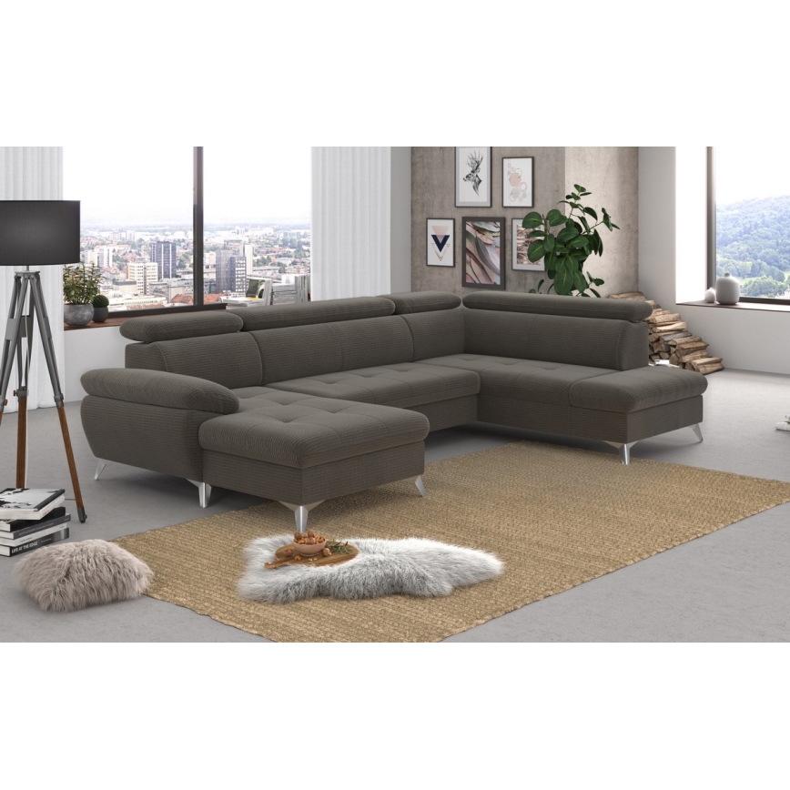 U-förmiges, klappbares Ecksofa mit Stauraum CATANIA rechts braun