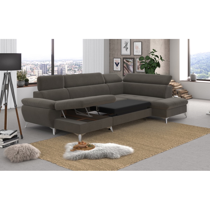 U-förmiges, klappbares Ecksofa mit Stauraum CATANIA rechts braun
