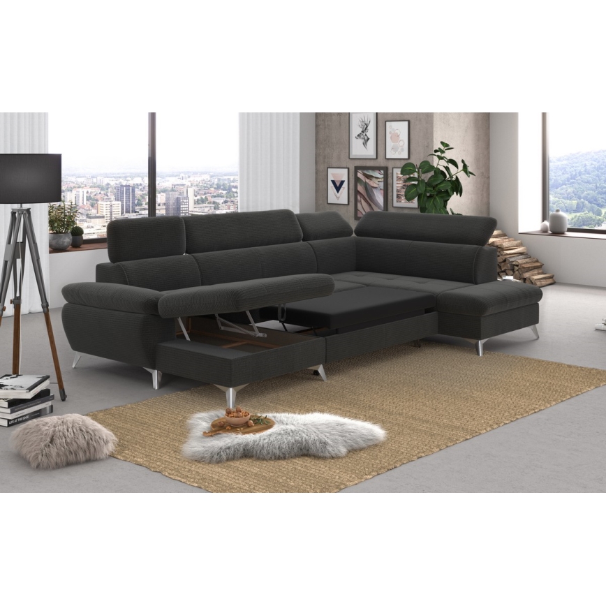 U-förmiges, klappbares Ecksofa mit Stauraum CATANIA rechts Graphit