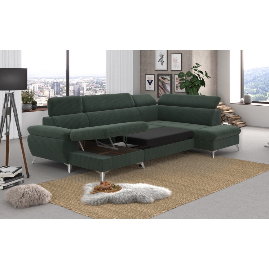 U-förmiges, klappbares Ecksofa mit Stauraum CATANIA rechts grün
