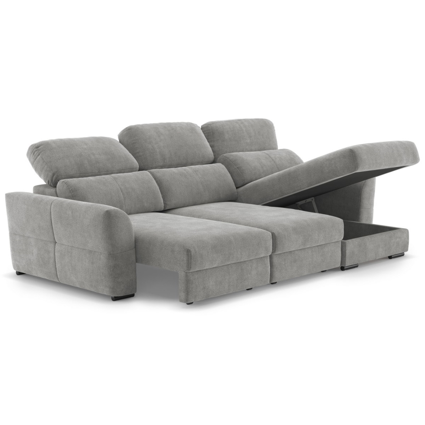 Beidseitig montierbares, ausziehbares 3‑Sitzer-Ecksofa mit Stauraum TRENTO, hellgrau