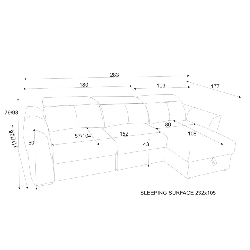 Beidseitig montierbares, ausziehbares 3‑Sitzer-Ecksofa mit Stauraum TRENTO, hellgrau