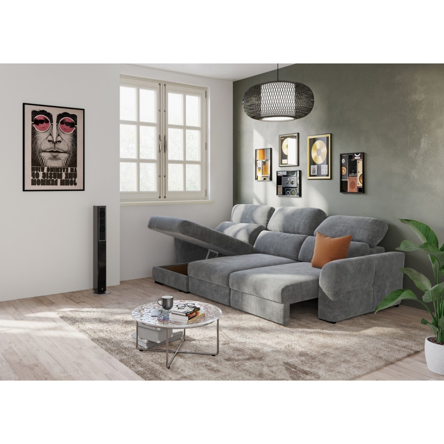 Universelles, ausziehbares Eck-Schlafsofa TRENTO, 3‑Sitzer mit Stauraum, grau
