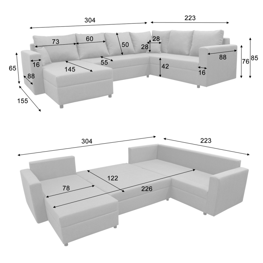 Universelles, ausklappbares U‑förmiges Ecksofa mit Stauraum SEYA, grau