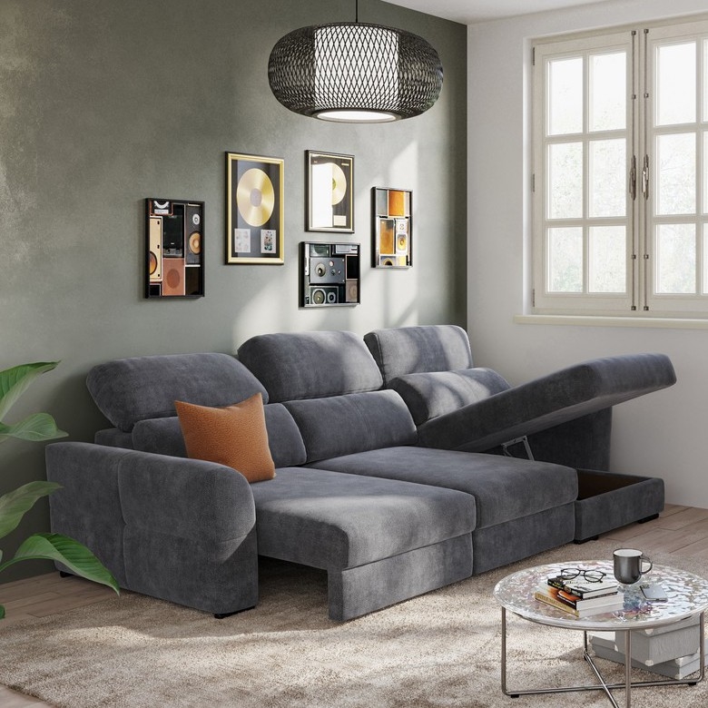 Universelles, ausziehbares 3‑Sitzer‑Ecksofa mit Stauraum TRENTO Anthrazit