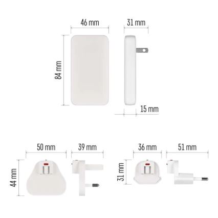 USB-GaN-Reiseadapter mit austauschbaren Steckaufsätzen, 100–250 V