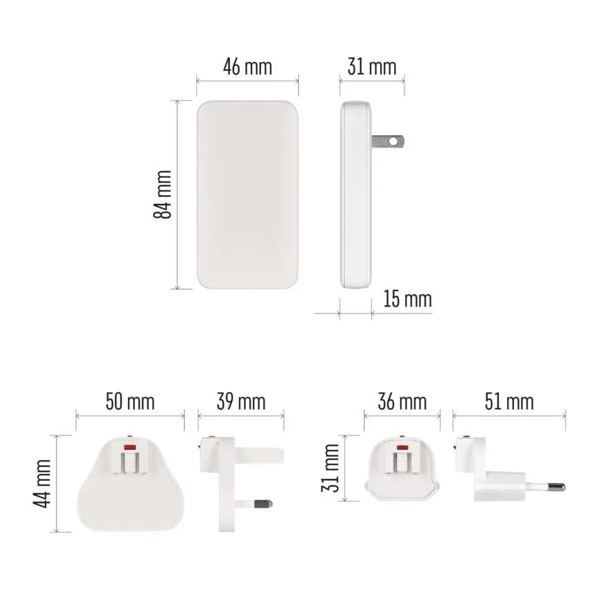 USB-GaN-Reiseadapter mit austauschbaren Steckaufsätzen, 100–250 V