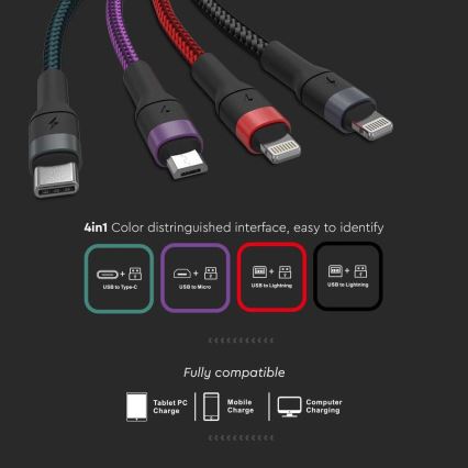 USB-Kabel USB-A / USB Lightning / MicroUSB / USB-C 1,2m mehrfarbig