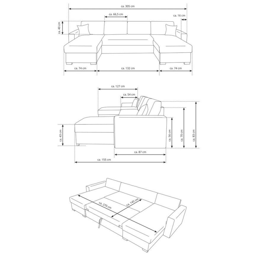 U‑förmiges Schlafsofa mit Bettfunktion und Stauraum JANISE, grau