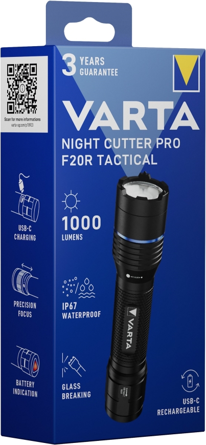 Varta 18923101111 - Aufladbare, taktische LED-Taschenlampe NIGHT CUTTER PRO F20R LED/USB