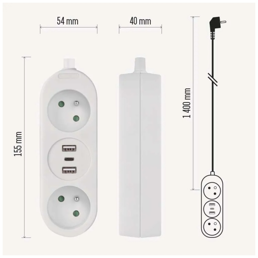 Verlängerungskabel 2 Steckdosen + 2x USB-A + USB-C 1,4 m