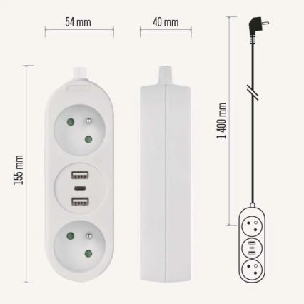 Verlängerungskabel 2Z + 2x USB-A + USB-C 1,4 m
