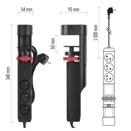 Verlängerungskabel mit Befestigung am Tisch 3Z + 3xUSB 1,5m schwarz