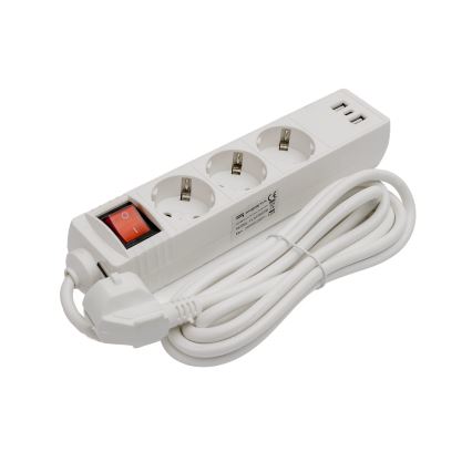 Verlängerungskabel mit Schalter, 3x Steckdose + 2x USB-A + 1x USB-C, 3 m, SCHUKO, weiß