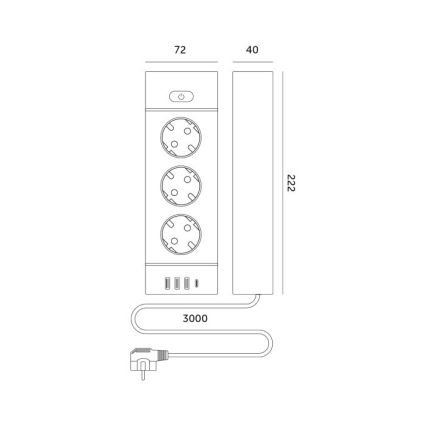 Verlängerungskabel mit Schalter LINEA PRO 3x230V + 3xUSB-A + 1xUSB-C SCHUKO 3 m weiß