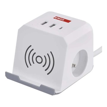 Verlängerungskabel-Würfel mit kabelloser Aufladung QI 2Z +2xUSB-A+1xUSB-C 2m weiß