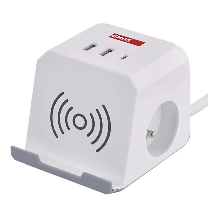 Verlängerungskabel-Würfel mit kabelloser Aufladung QI 2Z +2xUSB-A+1xUSB-C 2m weiß