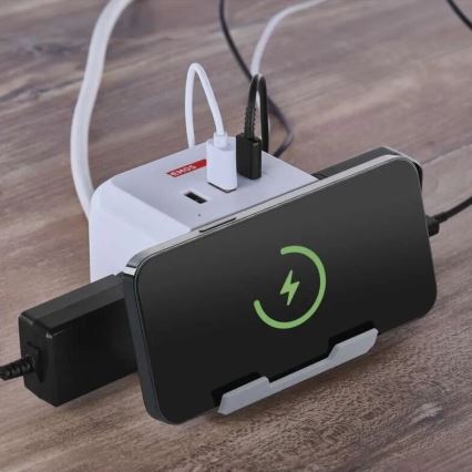 Verlängerungskabel-Würfel mit kabelloser Aufladung QI 2Z +2xUSB-A+1xUSB-C 2m weiß