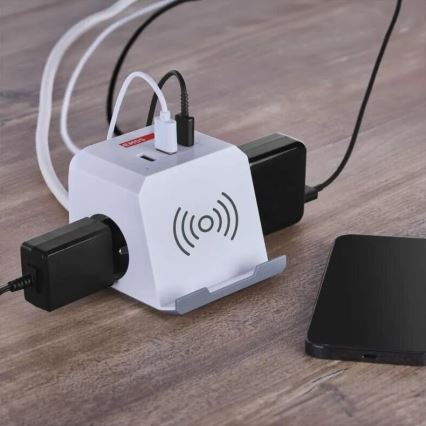 Verlängerungskabel-Würfel mit kabelloser Aufladung QI 2Z +2xUSB-A+1xUSB-C 2m weiß