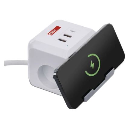 Verlängerungskabel-Würfel mit kabelloser Aufladung QI 2Z +2xUSB-A+1xUSB-C 2m weiß
