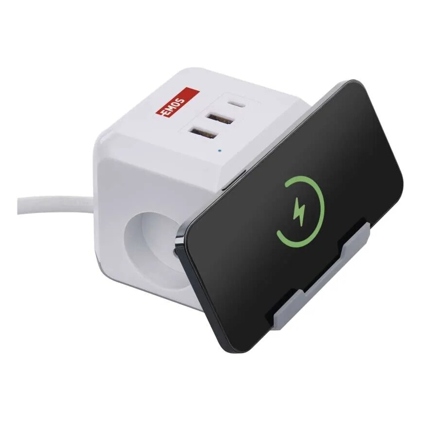 Verlängerungskabel-Würfel mit kabelloser Aufladung QI 2Z +2xUSB-A+1xUSB-C 2m weiß