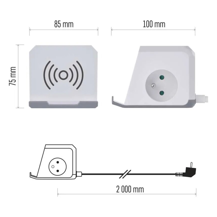 Verlängerungskabel-Würfel mit kabelloser Aufladung QI 2Z +2xUSB-A+1xUSB-C 2m weiß