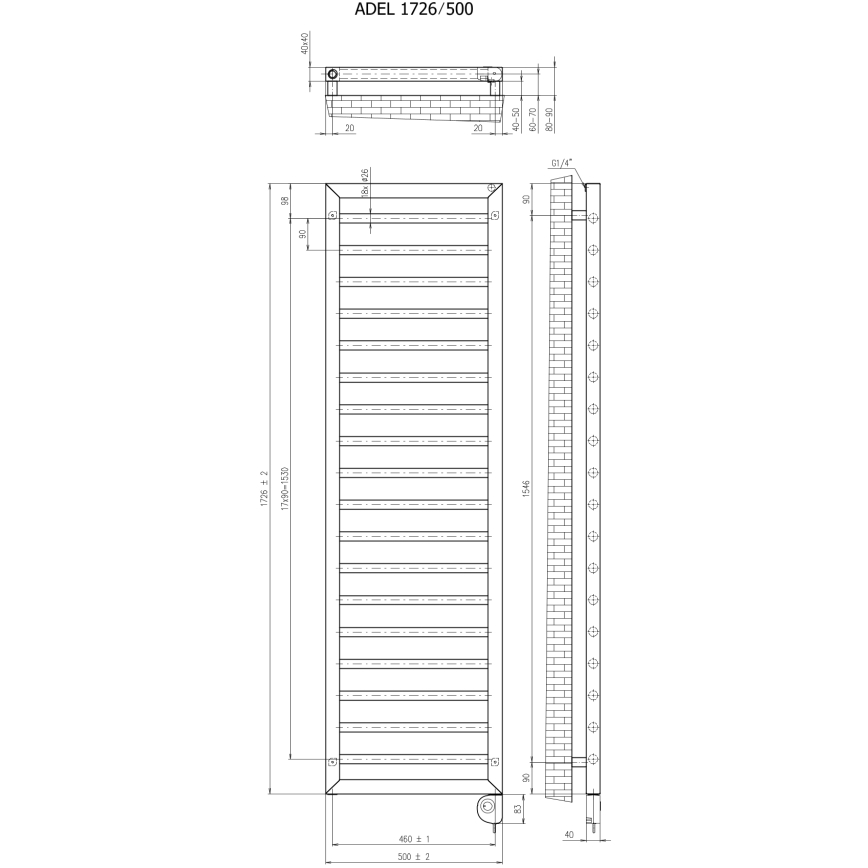 Vertaduro - Badezimmerheizkörper mit Thermostat ADEL 600W 172x50 cm schwarz
