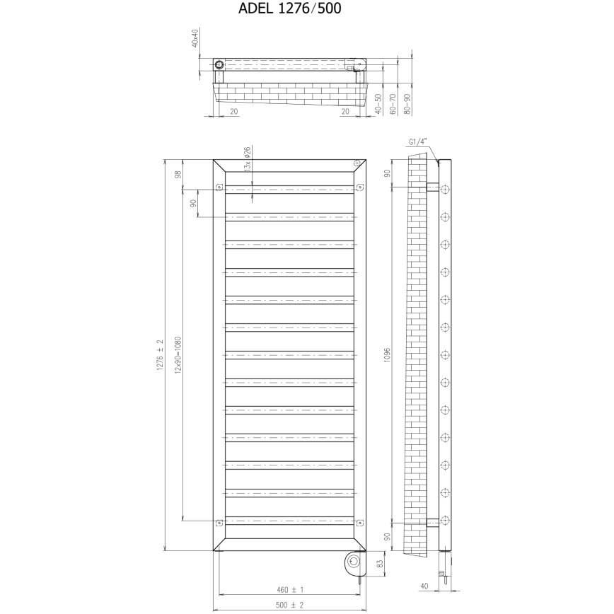 Vertaduro - Badheizkörper mit Thermostat ADEL 600W 128x50 cm weiß