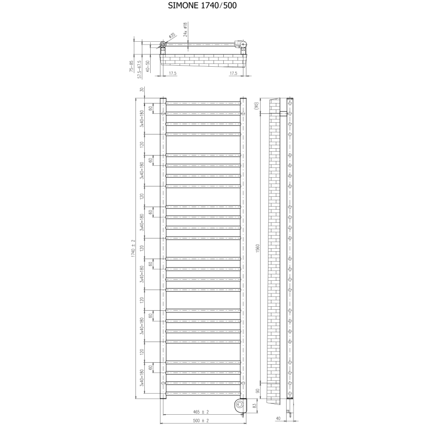Vertaduro - Badheizkörper mit Thermostat SIMONE 600W 174x50 cm Anthrazit