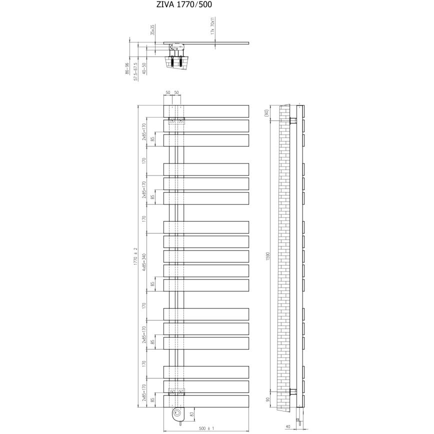 Vertaduro - Badheizkörper mit Thermostat ZIVA 800W 177x50 cm schwarz