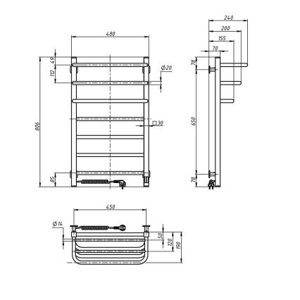 Vertaduro - Elektrischer Handtuchwärmer mit Thermostat DOR 155W/230V 80x48 cm IP44 weiß links
