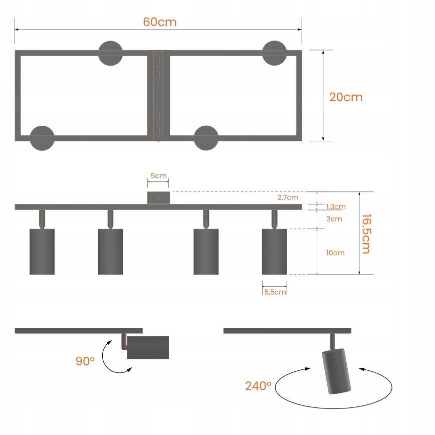 Vierflammiger Deckenstrahler, 4x GU10, 30 W, 230 V, weiß