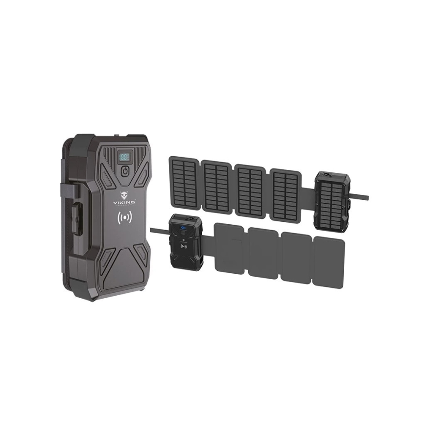 Viking - Powerbank mit LED-Taschenlampe, kabellosem Laden und Solarpanel, Power Delivery 22,5W/30000 mAh