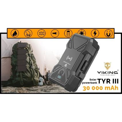 Viking - Powerbank mit LED-Taschenlampe, kabellosem Laden und Solarpanel, Power Delivery 22,5W/30000 mAh