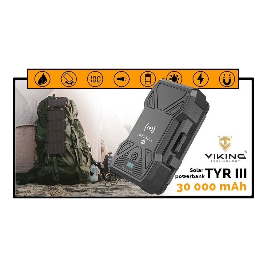Viking - Powerbank mit LED-Taschenlampe, kabellosem Laden und Solarpanel, Power Delivery 22,5W/30000 mAh