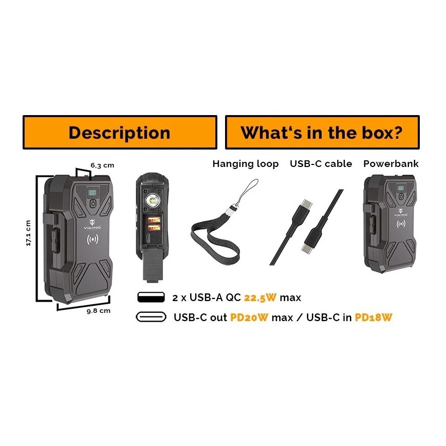 Viking - Powerbank mit LED-Taschenlampe, kabellosem Laden und Solarpanel, Power Delivery 22,5W/30000 mAh