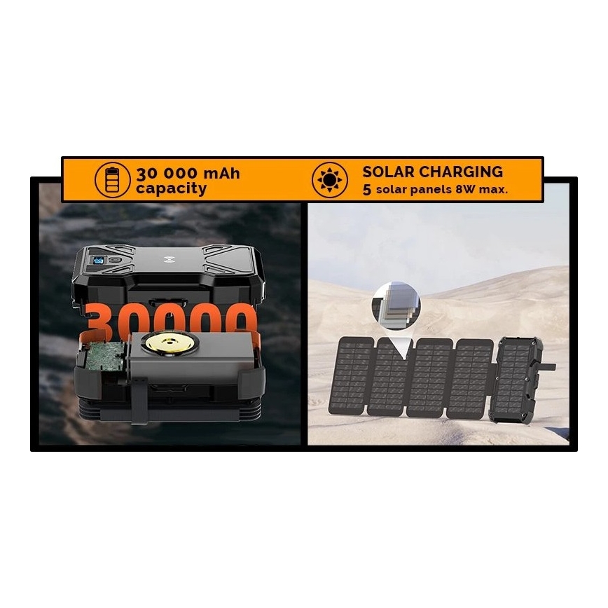 Viking - Powerbank mit LED-Taschenlampe, kabellosem Laden und Solarpanel, Power Delivery 22,5W/30000 mAh