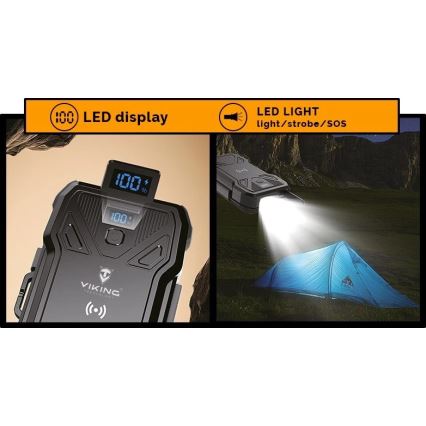 Viking - Powerbank mit LED-Taschenlampe, kabellosem Laden und Solarpanel, Power Delivery 22,5W/30000 mAh