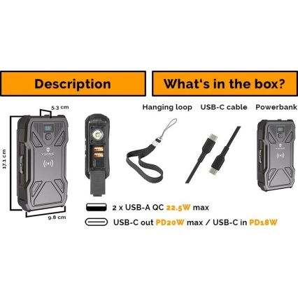 Viking - Powerbank mit integrierter LED-Taschenlampe, kabelloser Ladefunktion und Solarpanel, Power Delivery 22,5 W / 20000 mAh