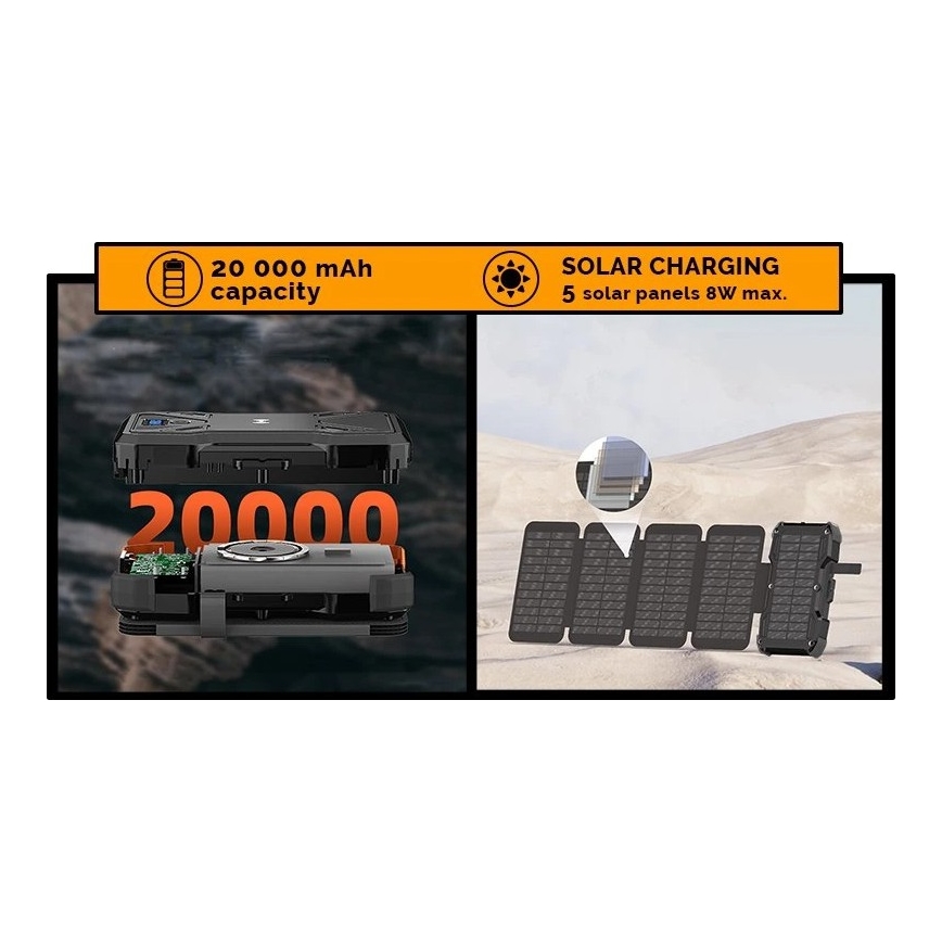 Viking - Powerbank mit integrierter LED-Taschenlampe, kabelloser Ladefunktion und Solarpanel, Power Delivery 22,5 W / 20000 mAh