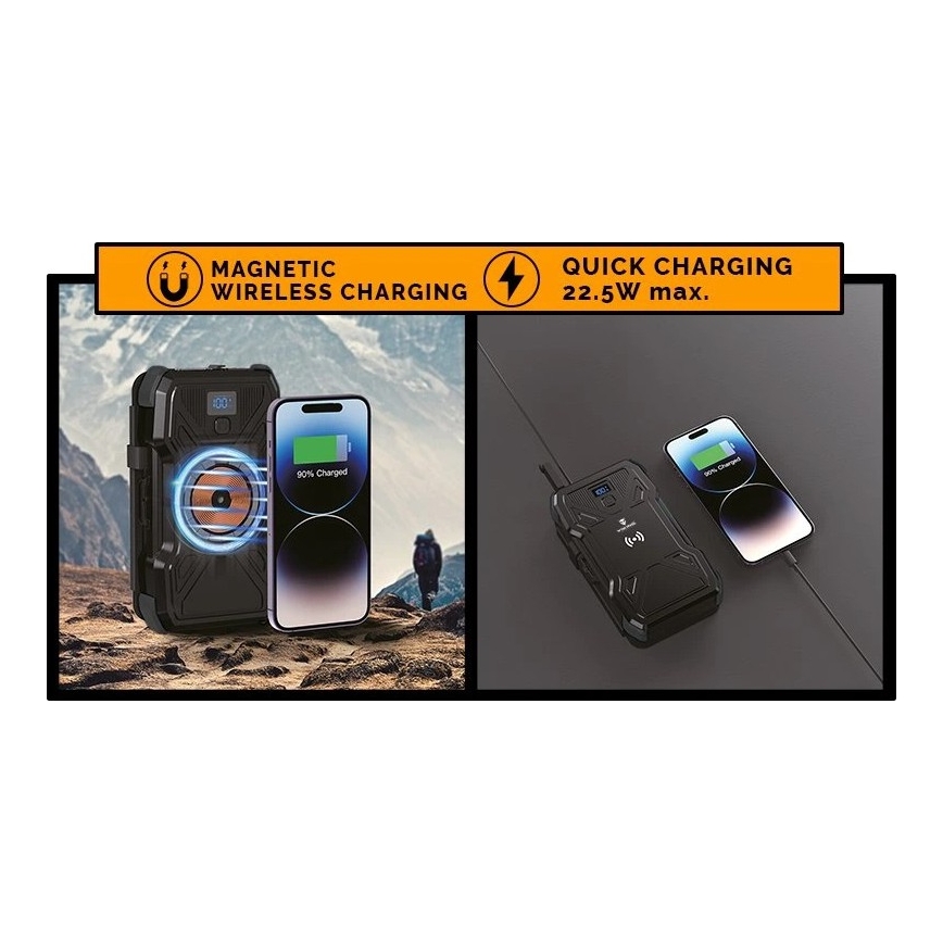 Viking - Powerbank mit LED-Taschenlampe, kabellosem Laden und Solarpanel, Power Delivery 22,5 W / 10.000 mAh