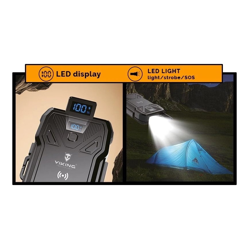 Viking - Powerbank mit LED-Taschenlampe, kabellosem Laden und Solarpanel, Power Delivery 22,5 W / 10.000 mAh