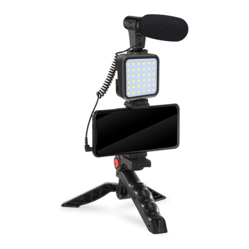 Vlogging-Set 4in1 – Mikrofon, LED-Lampe, Stativ, Telefonhalterung