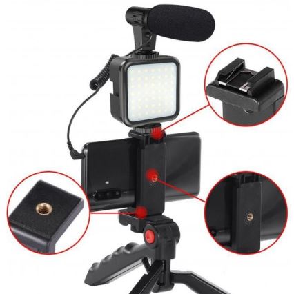 Vlogging-Set 4in1 – Mikrofon, LED-Lampe, Stativ, Telefonhalterung